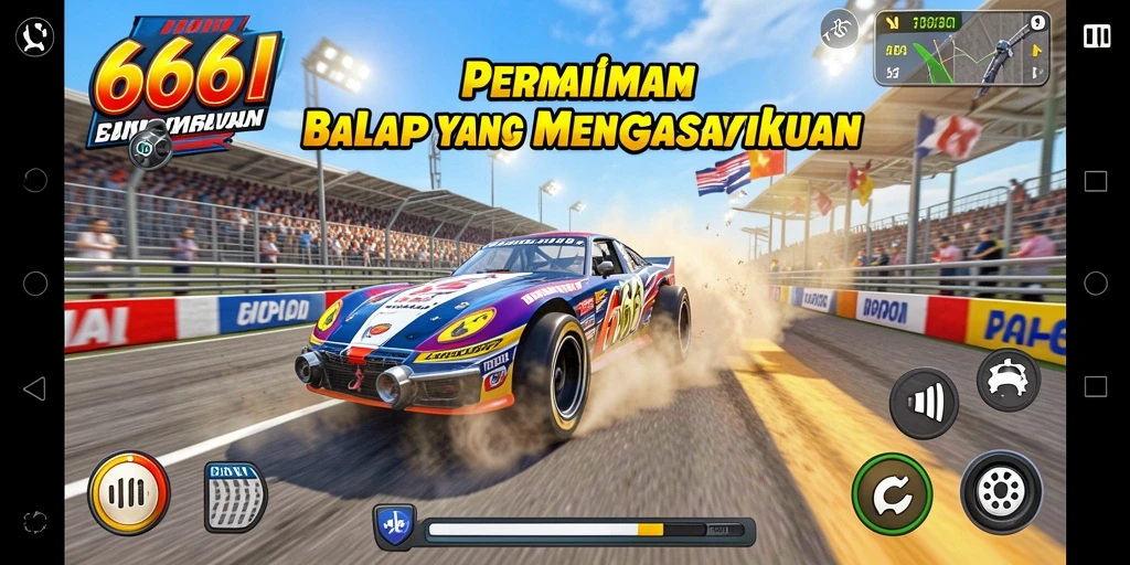 Screenshot gameplay yang menampilkan aksi balap mendebarkan di 666I.