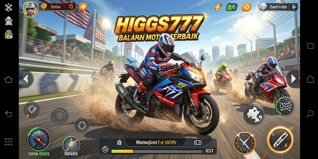 Gameplay HIGGS777 menampilkan aksi balapan motor yang mendebarkan.