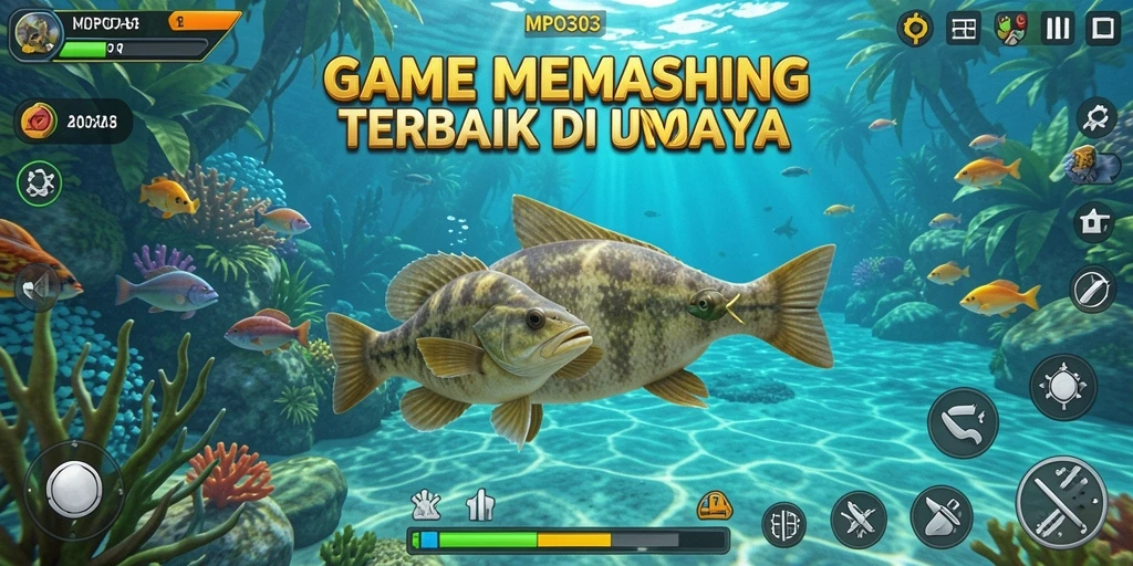 Screenshot MPO303 menampilkan pemain sedang memancing di pantai yang indah.
